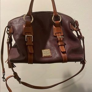 Purple and brown shoulder handbag with 4-5 pockets inside. 13"L x 7"W x 10"H